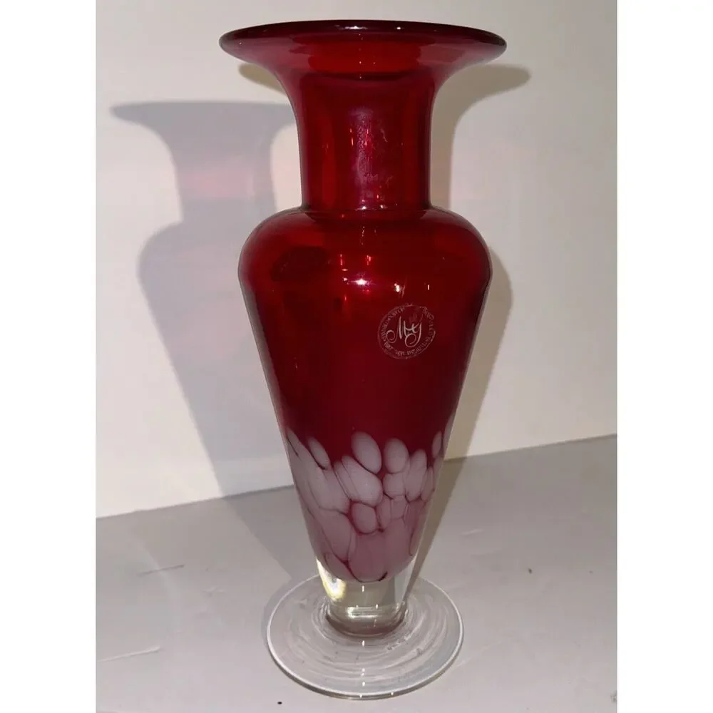 Margie's Garden Large Hand Blown Vase Ruby Red with White w/Label